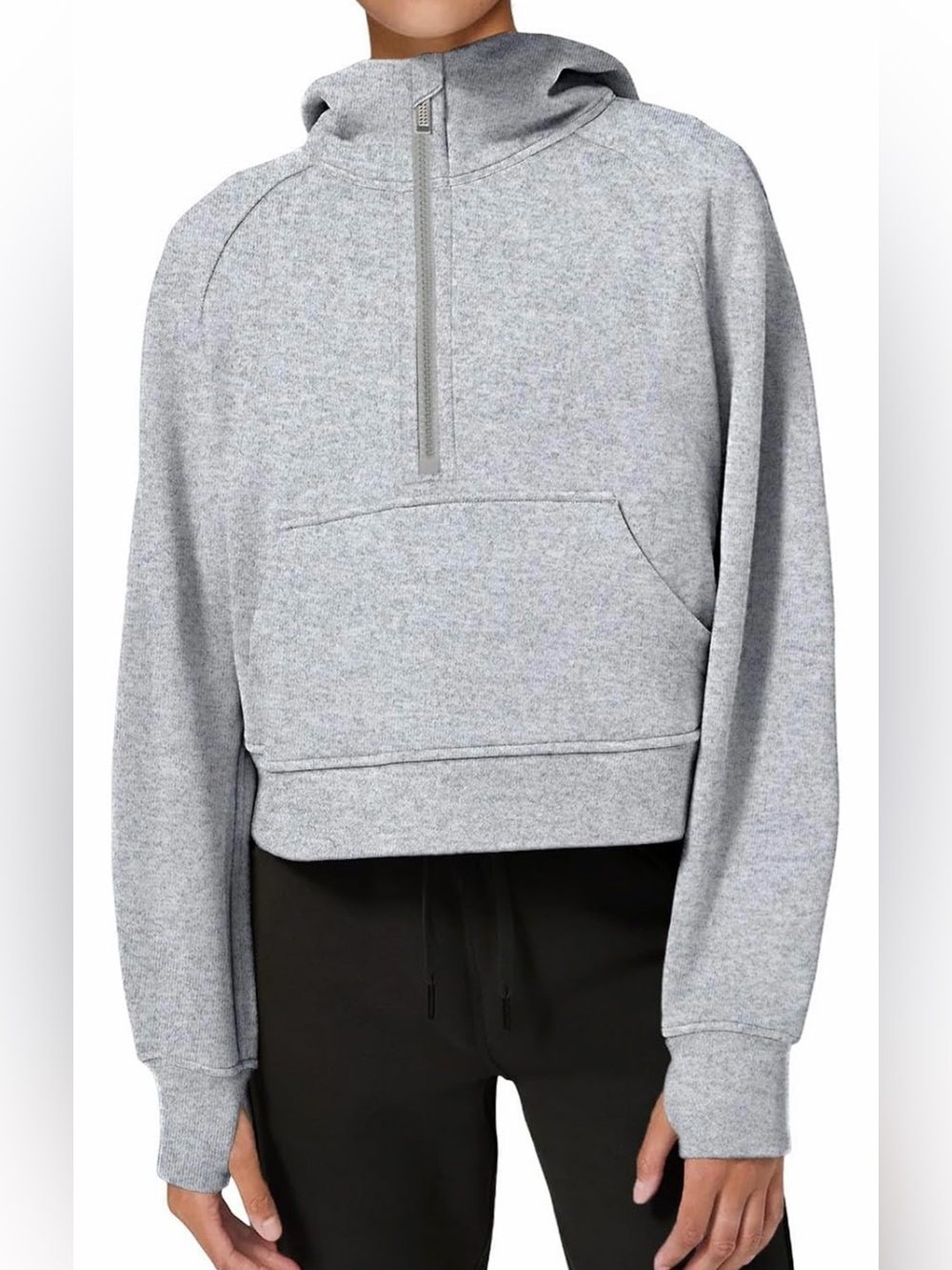 Cropped Scuba Half-Zip Hoodie- Heather Grey, Size L